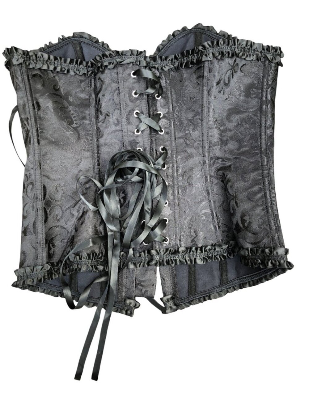 Corset Womens M Black Brocade Top Lace-Up Ruffle Bustier Fairy Witchy Vamp Medie